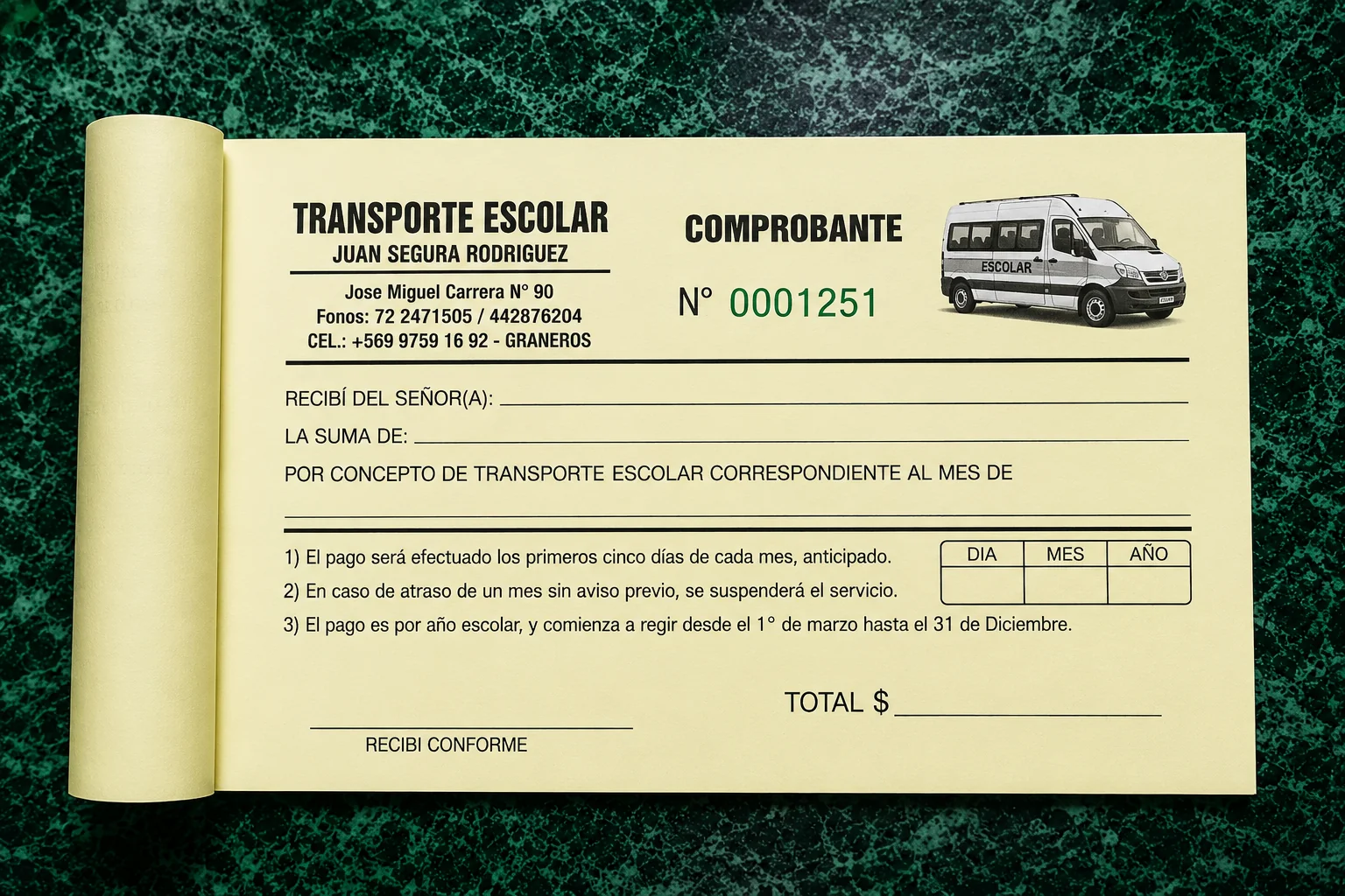 Talonario de comprobantes numerados para transporte escolar