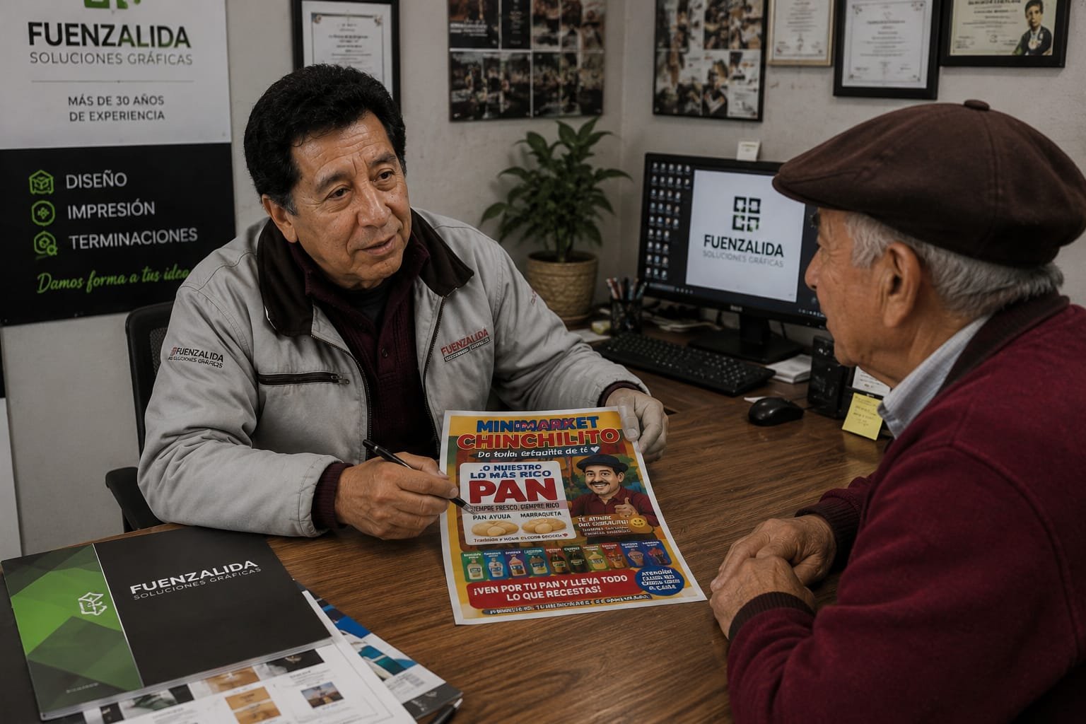 Leonardo Fuenzalida atendiendo a un cliente y revisando su proyecto